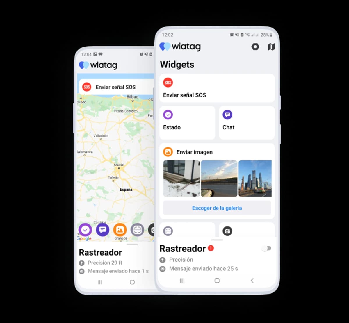 La app Wiatag mostrando el mapa de rastreo y el panel de widgets: señal SOS, estado, chat y envío de fotos